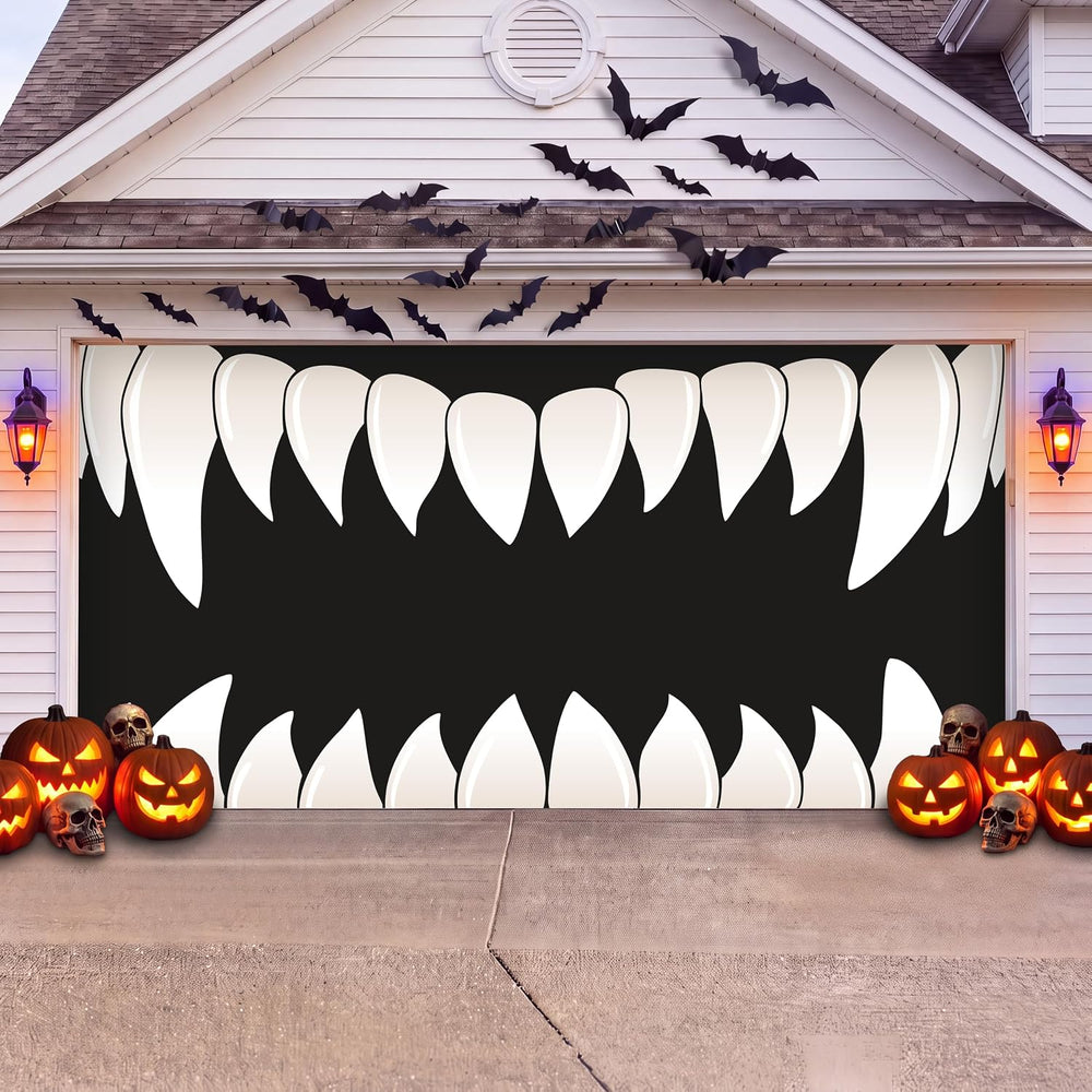 Premium 7' x 16' - Scary Teeth - Halloween Double Garage Door Banner