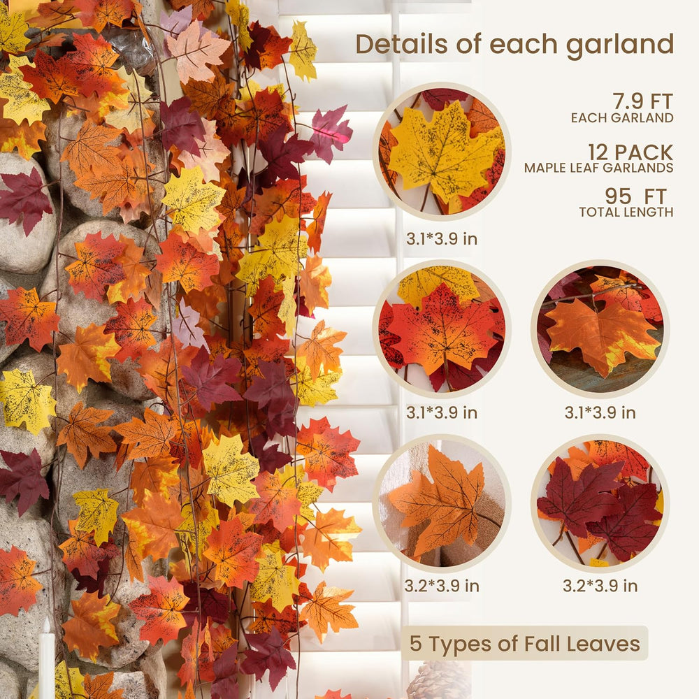 12 Pack Fall Garland, Total 95Ft Artificial Autumn Maple Leaves Garland Hangi...
