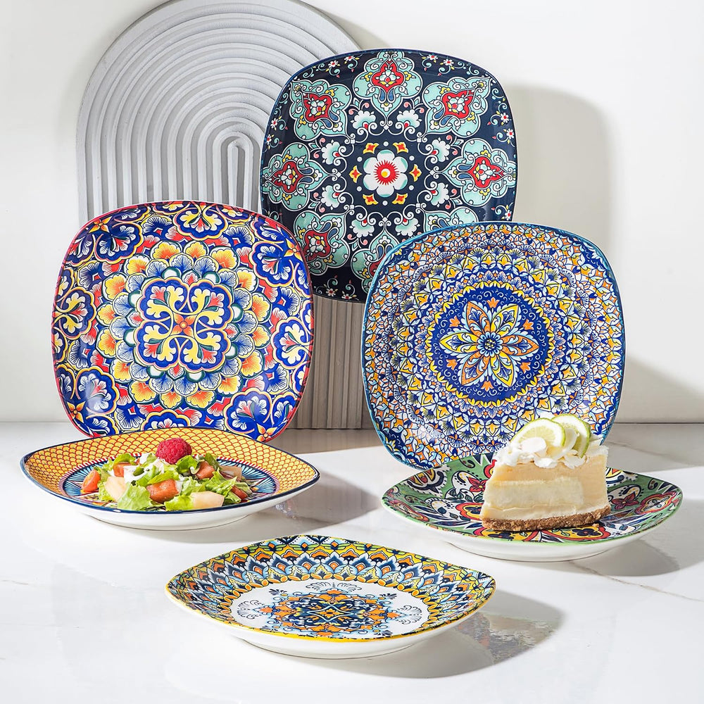 Boho Ceramic Dessert Plates Set of 6, 7.3 Inch Square Appetizer Plates