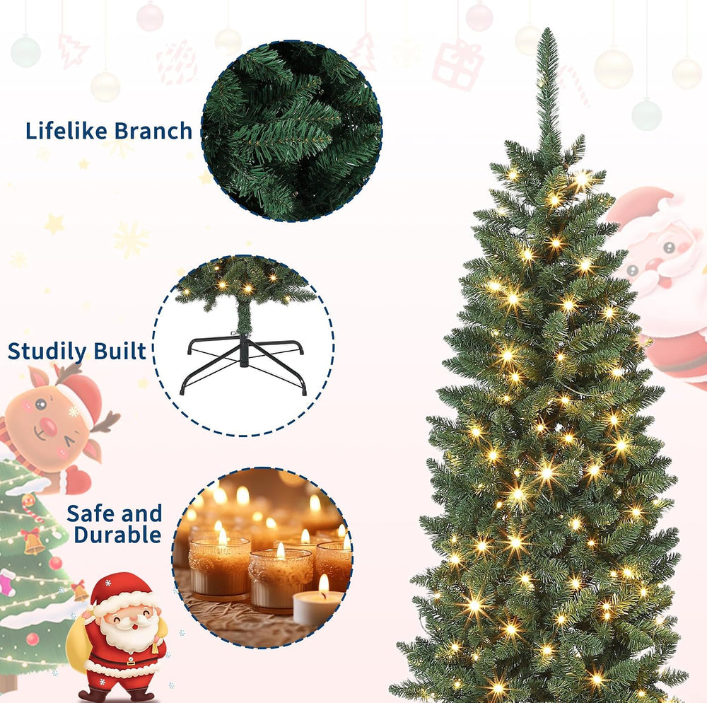 7.5FT Pre-Lit Christmas Tree, Artificial Pencil Holiday Decoration with LED L...