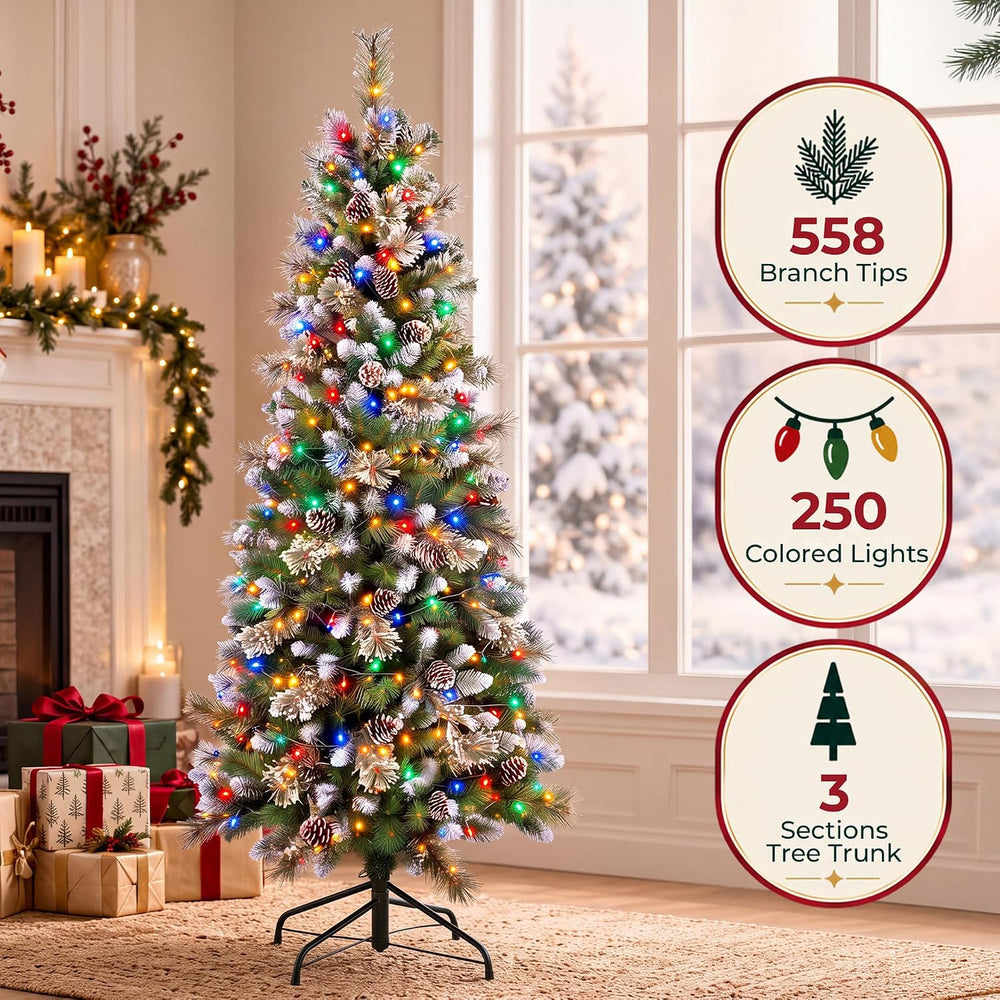 6FT Pre-Lit Pencil Christmas Tree, 250 Color Changing LED Lights
