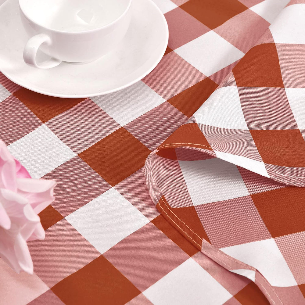 Hiasan Waterproof Checkered Round Tablecloth 120 Inch, Rust and White