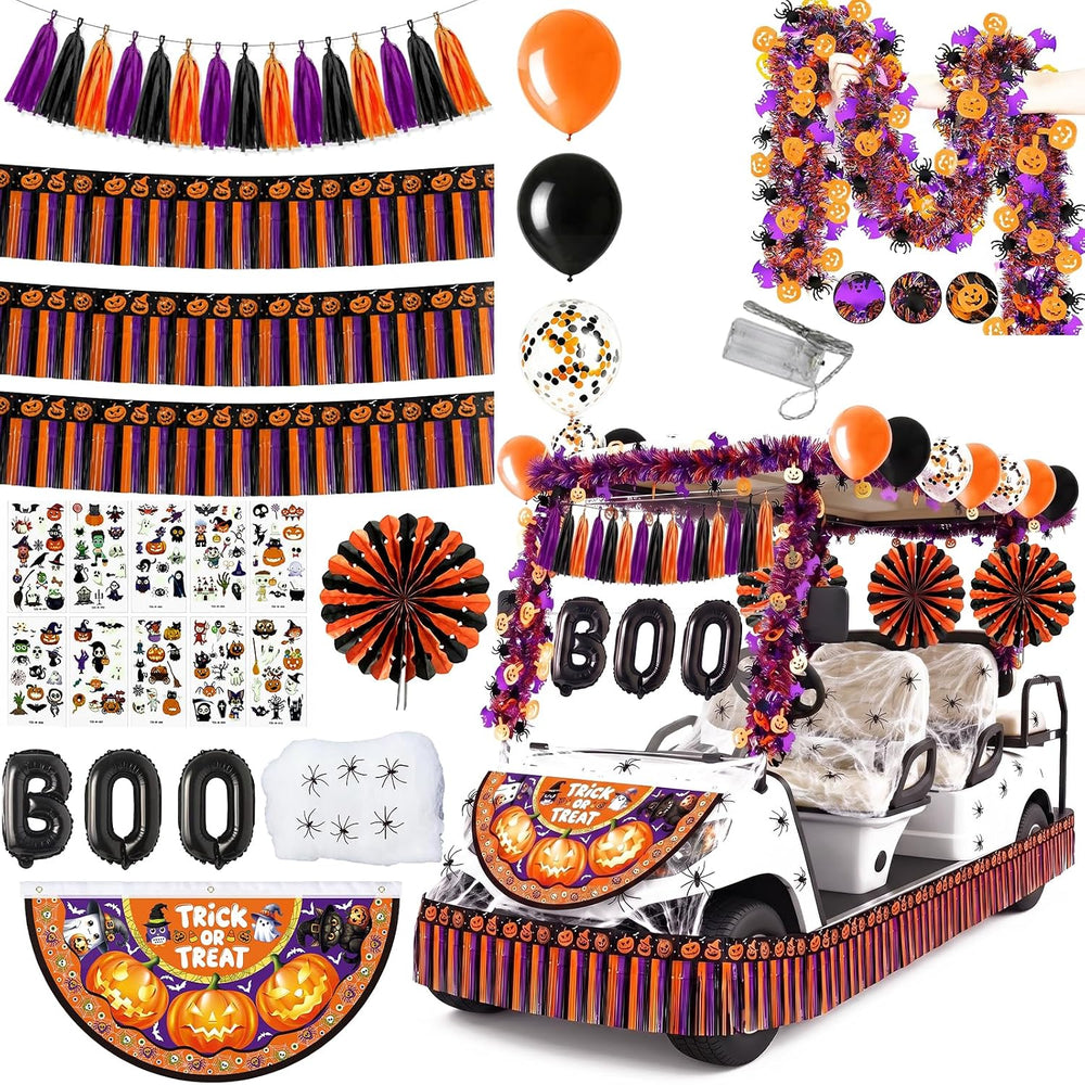 Halloween Golf Cart Decorations with Nightlight Strip Spider Web Bat Tassel