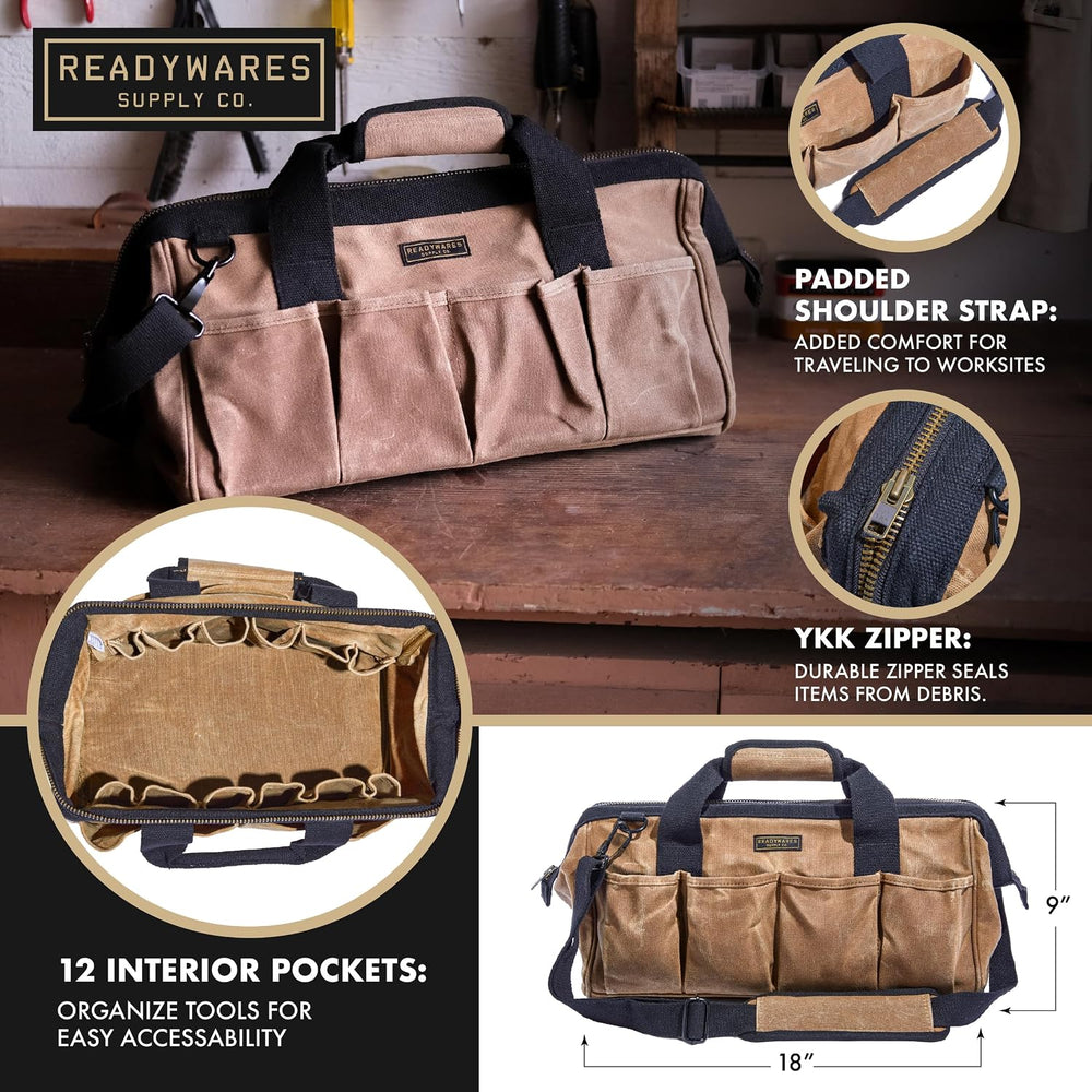Readywares 18" Tool Bag - Waxed Canvas Heavy Duty Large Toolbag, Tan