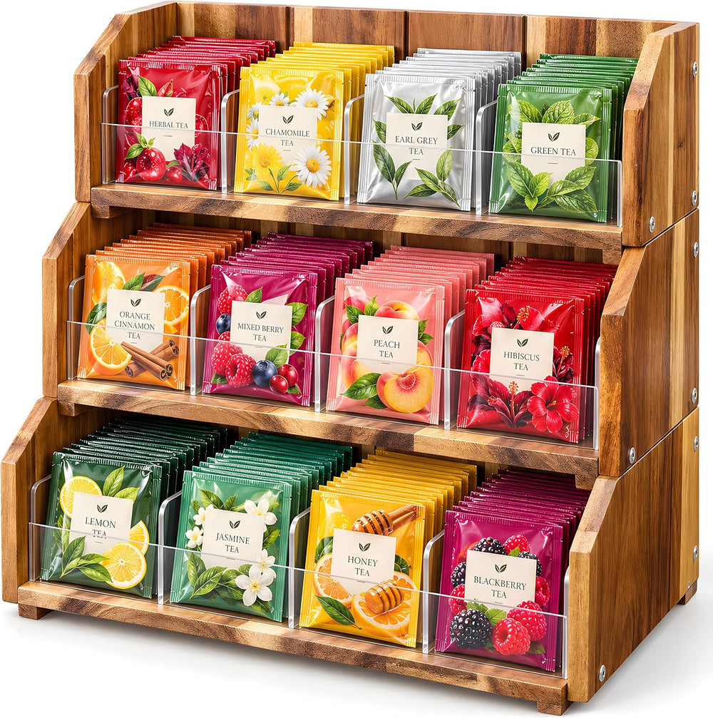 Solid Acacia Wood Tea Bag Organizer, 3 Tiers in Large, Medium & Small
