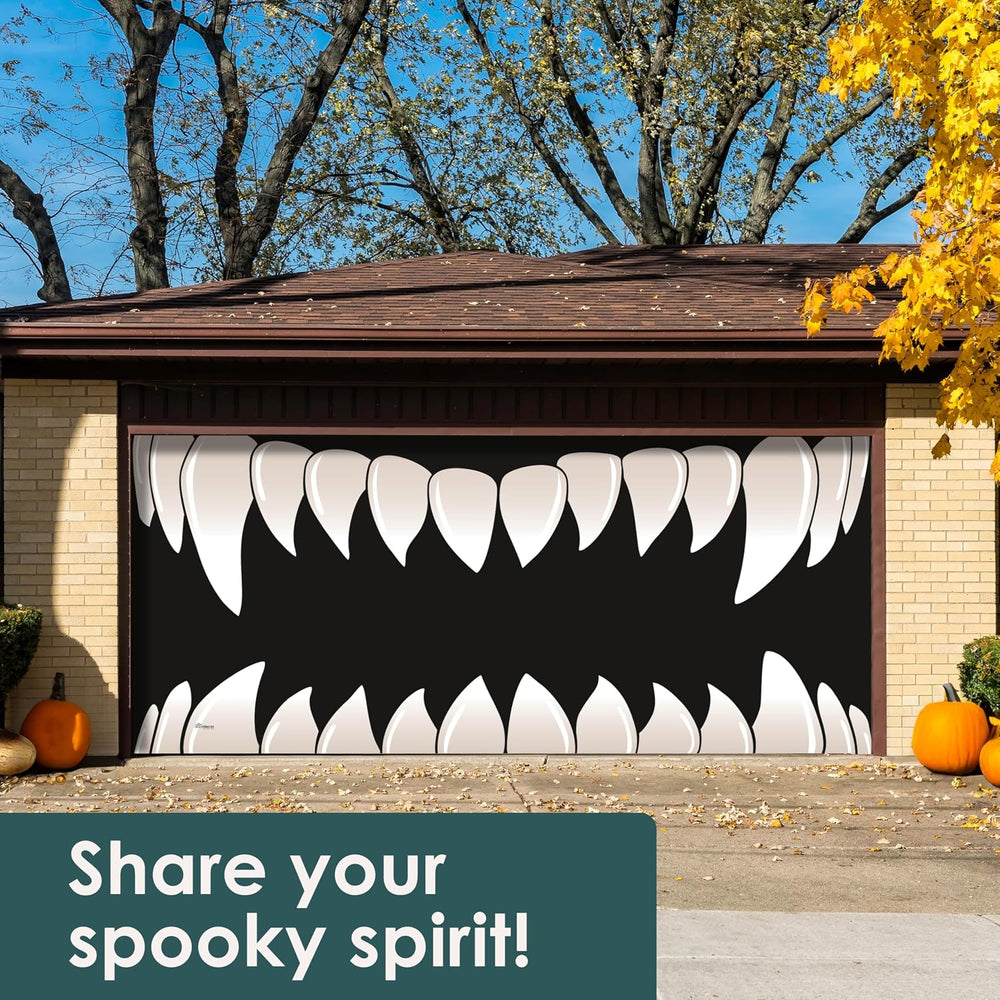 Premium 7' x 16' - Scary Teeth - Halloween Double Garage Door Banner