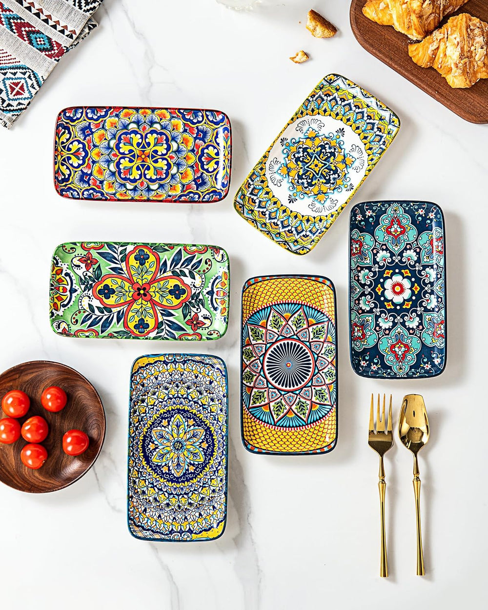 Boho Ceramic Rectangular Appetizer & Sushi Plates Set of 6, 8 Inch