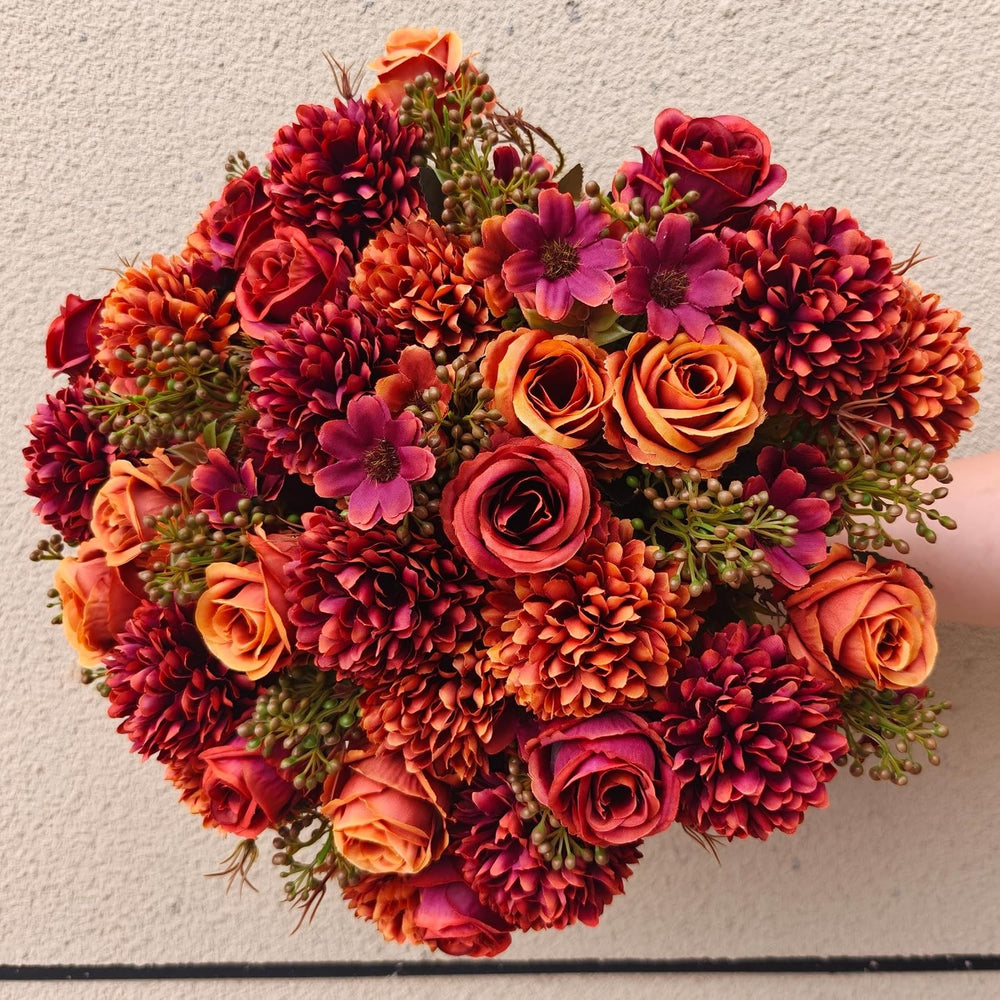 8 Pack Artificial Fall Flowers, Orange Red Silk Faux Bouquet