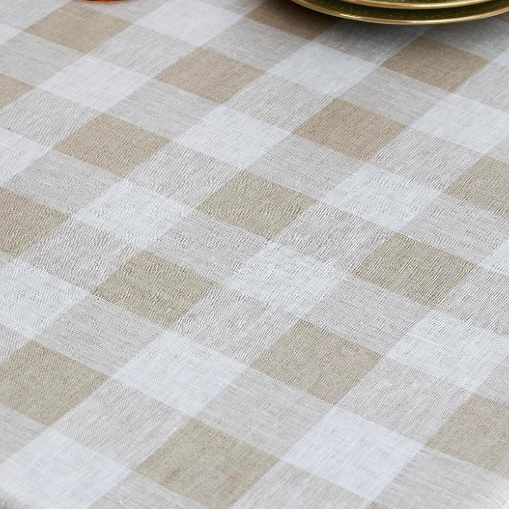 Solino Home 100% Linen Tablecloth, 60 x 144 in, Natural and White Check