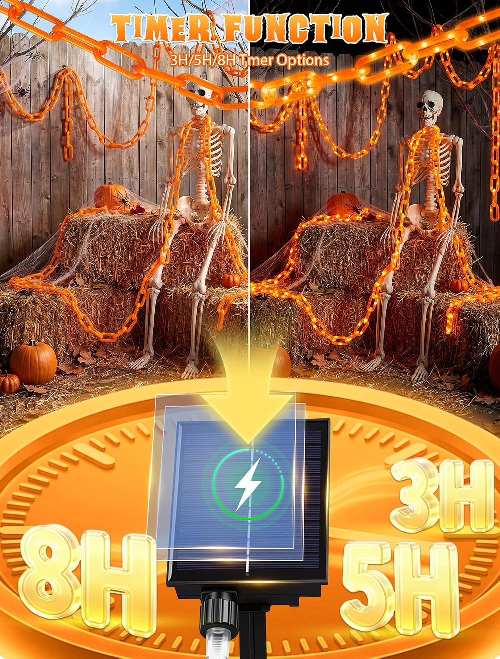 Solar Halloween Chain Lights, 10.4 FT 175 LED Orange Plastic Chain