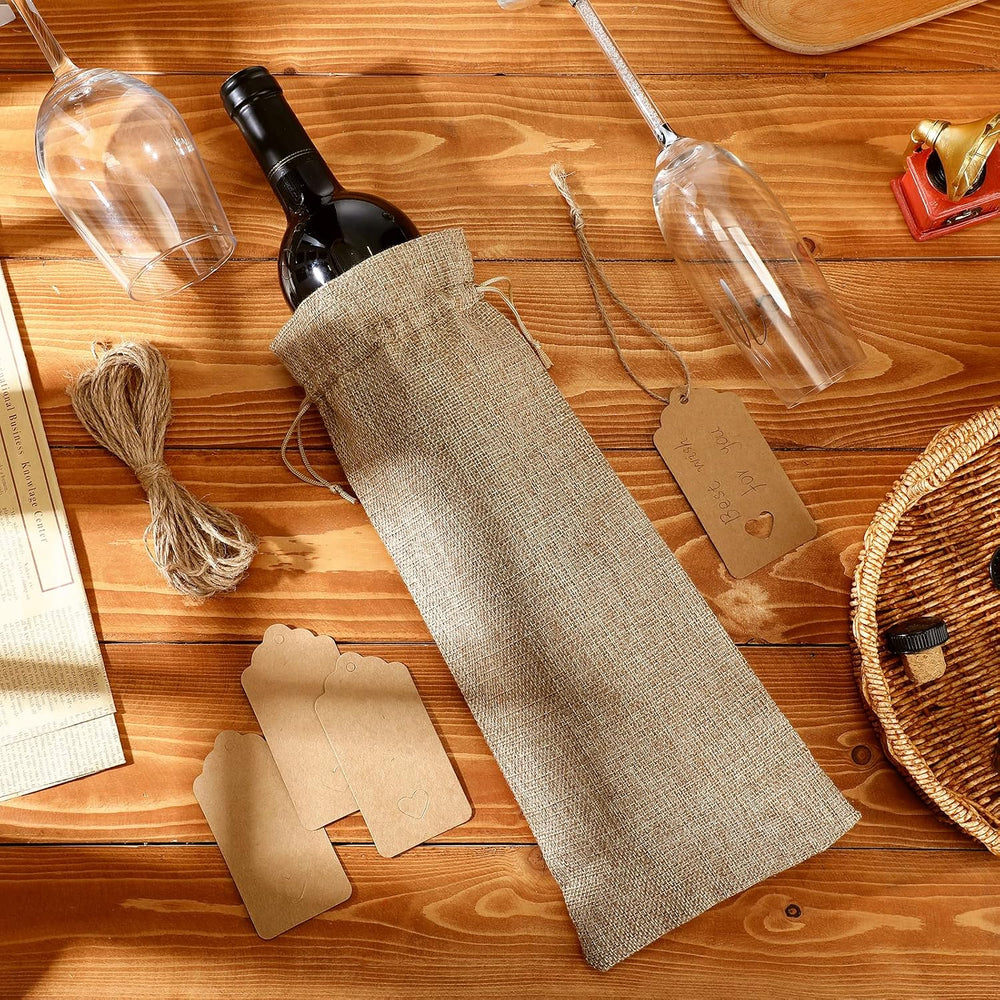 Windyun 50 Pcs Burlap Wine Bag Bulk Gift Bag with Drawstrings, Brown