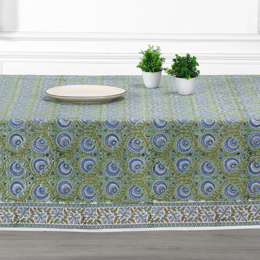 Ridhi Verdant Mist Hand Block Print Rectangle Tablecloth 90x60 Inch