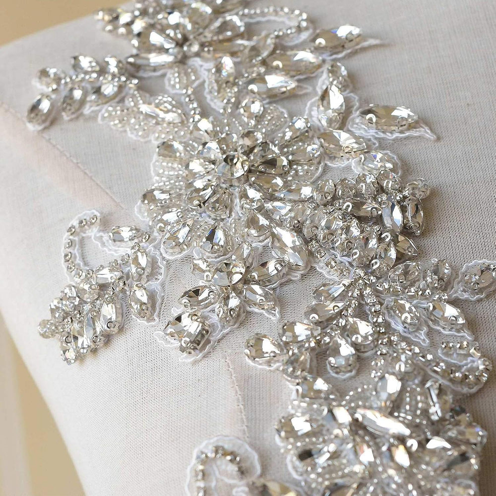 Sparkling Rhinestone Applique Heavy Beads Motif Diamante Crystal Lace Patch C...