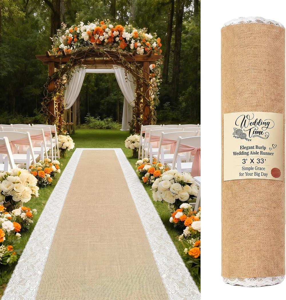 3x33ft Thickened Burlap Wedding Aisle Runner Lace, Natural Jute Runner for Ou...