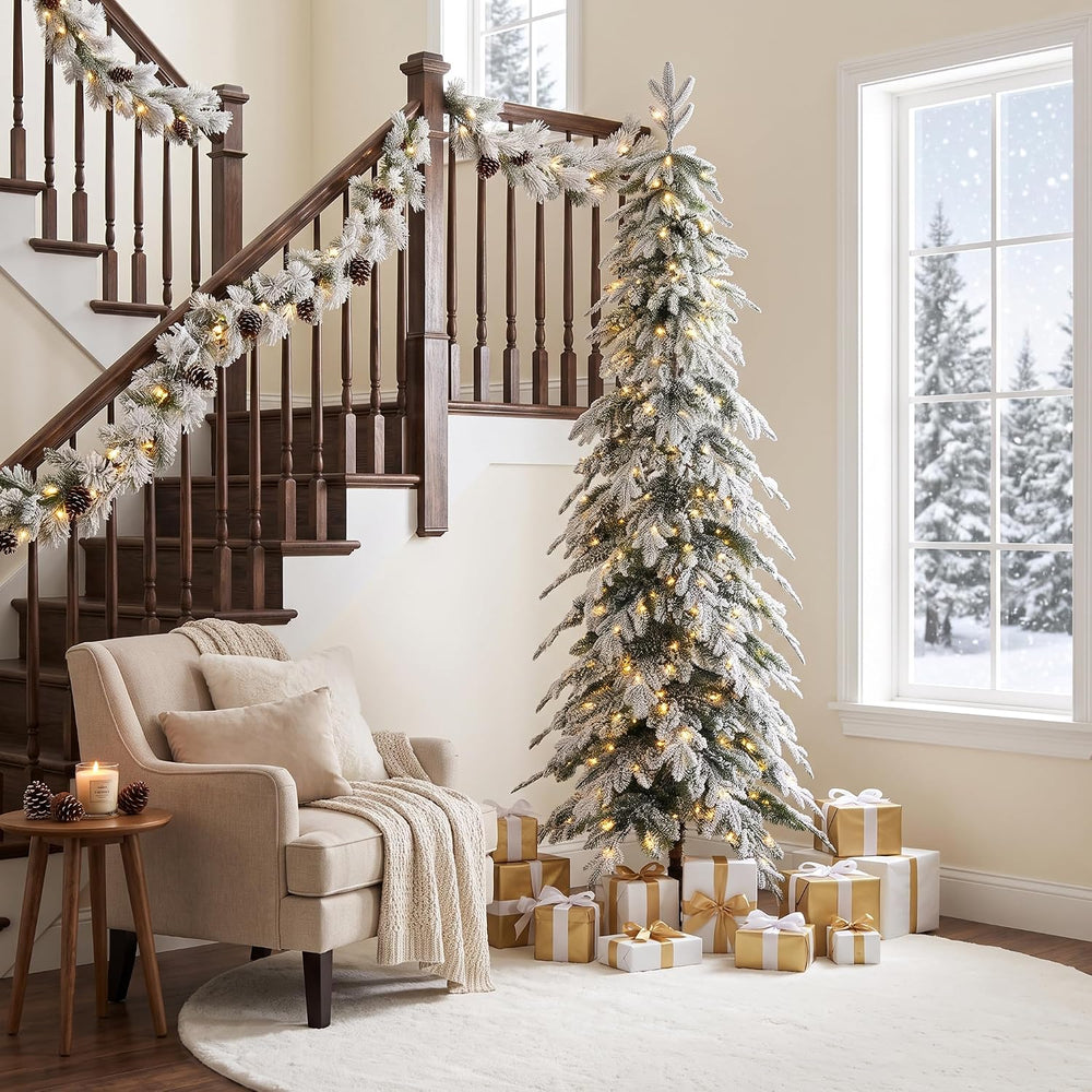 Glitzhome 7.5ft Prelit Flocked Pencil Spruce Artificial Christmas Tree