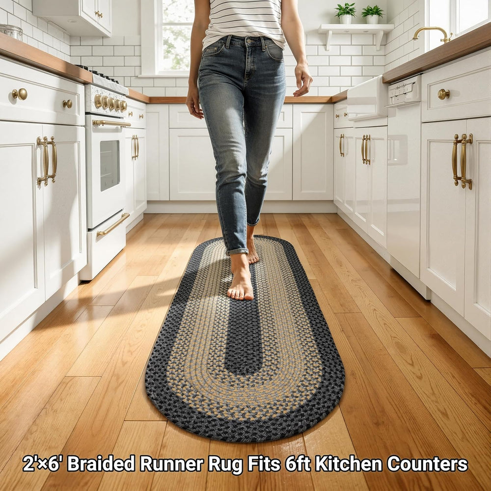 RCTJHOME 2x6 Oval Braided Runner Rug, Brown Black Farmhouse Kitchen Mat