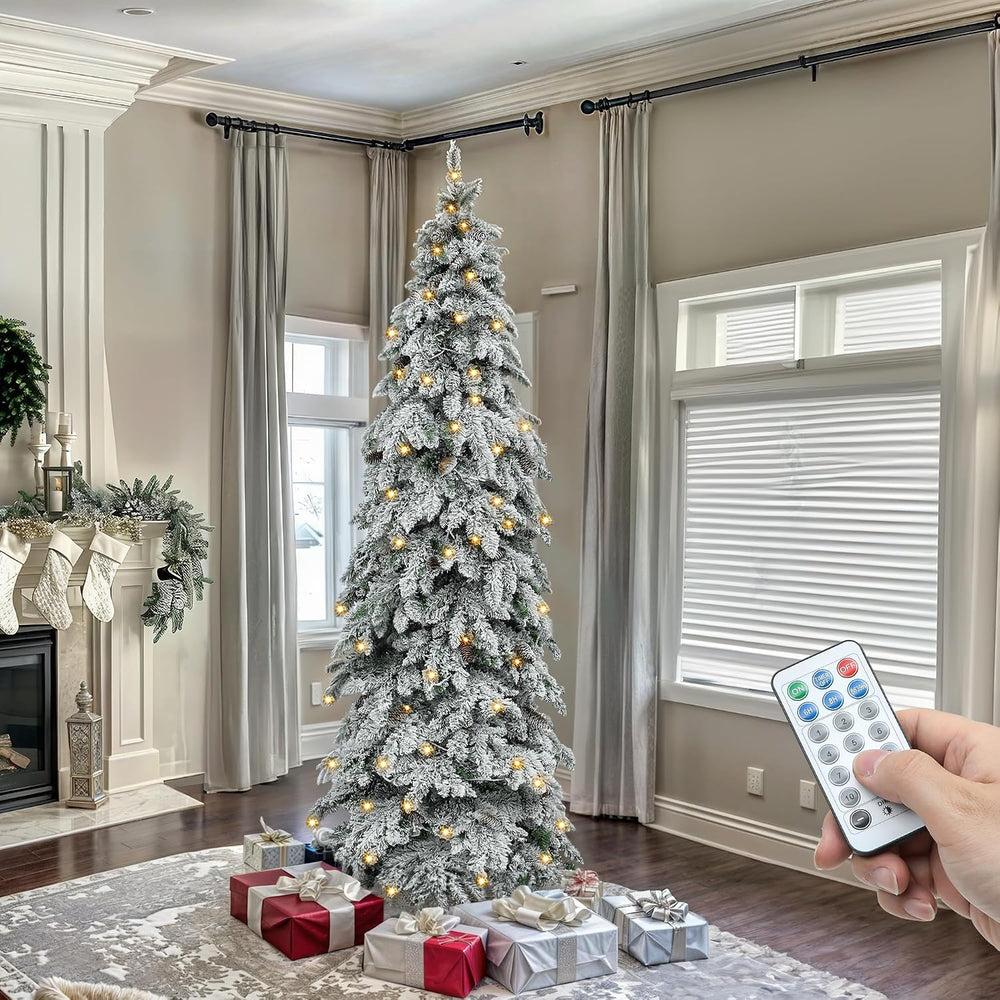 YITAHOME 7.5ft Prelit Flocked Drooping Pencil Christmas Tree with Pine Cone