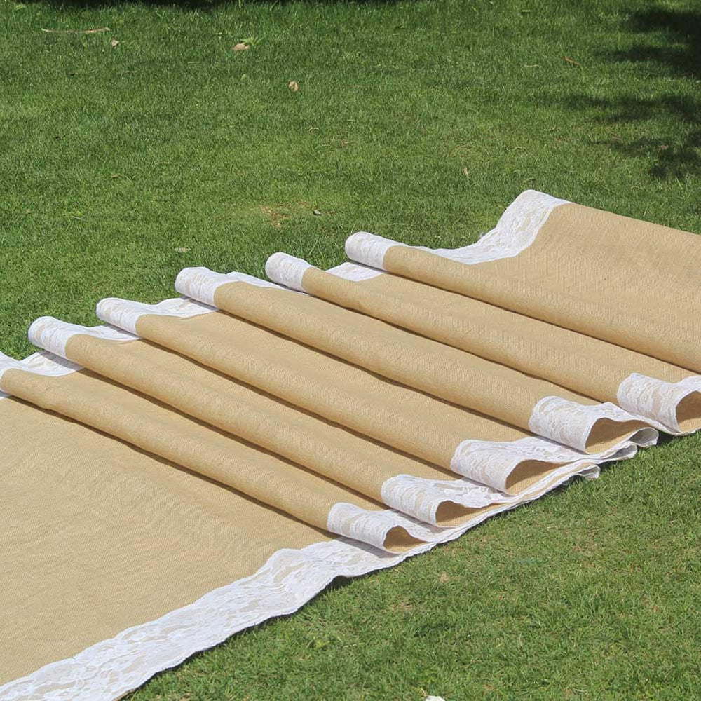 Premium Burlap Outdoor Wedding Aisle Runner with 5" Wide Ivory Lace Atta...