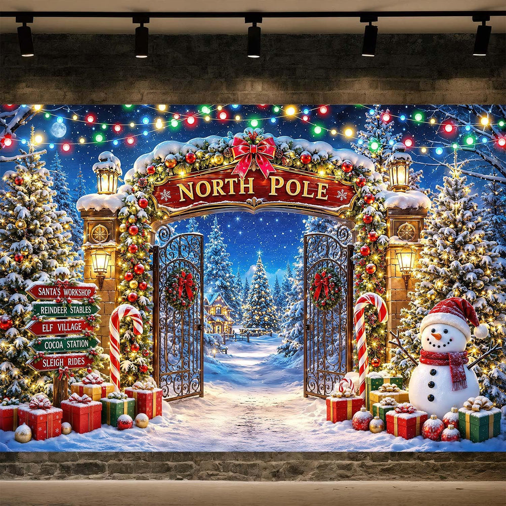 10X8FT Christmas North Pole Backdrop, Winter Snowman Xmas Scene Decor