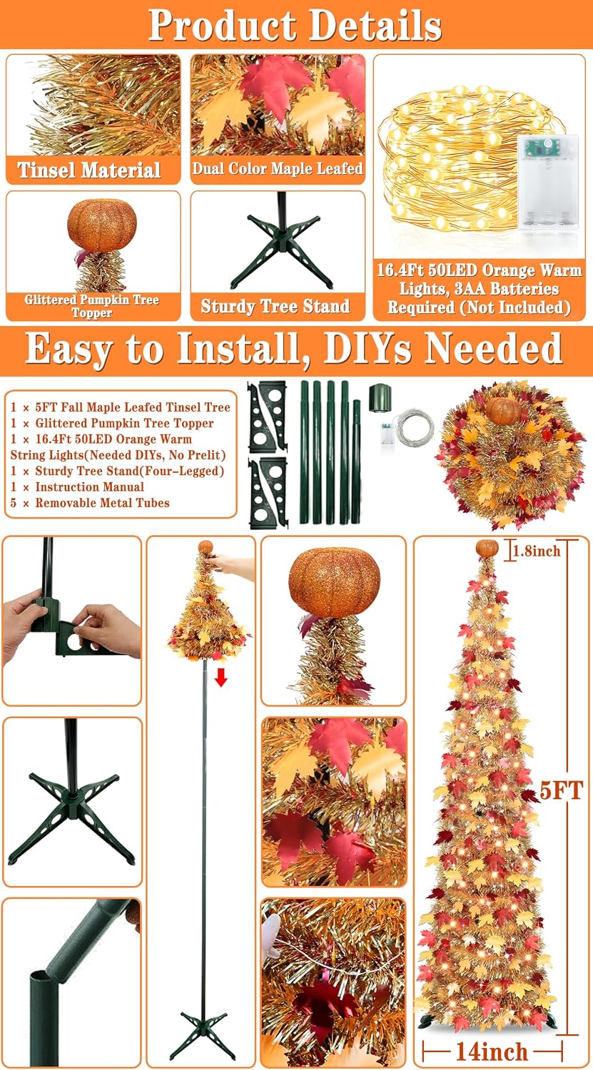 Pumpkin & Fall Decor - 5FT Pop Up Fall Tree with Lights Battery Operated