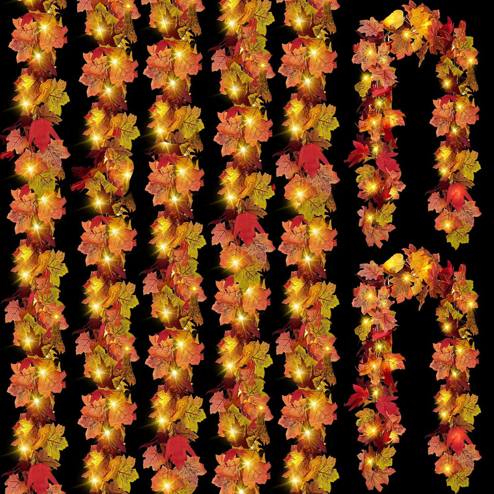 7 Pack Fall Leaf Garland with Lights, Fall Vines Autumn Garland LED Lights Ar...