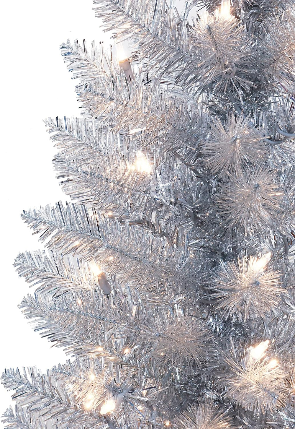 Puleo International 7 ft Pre-Lit Silver Tinsel Artificial Tree 316 Tips 150 C...