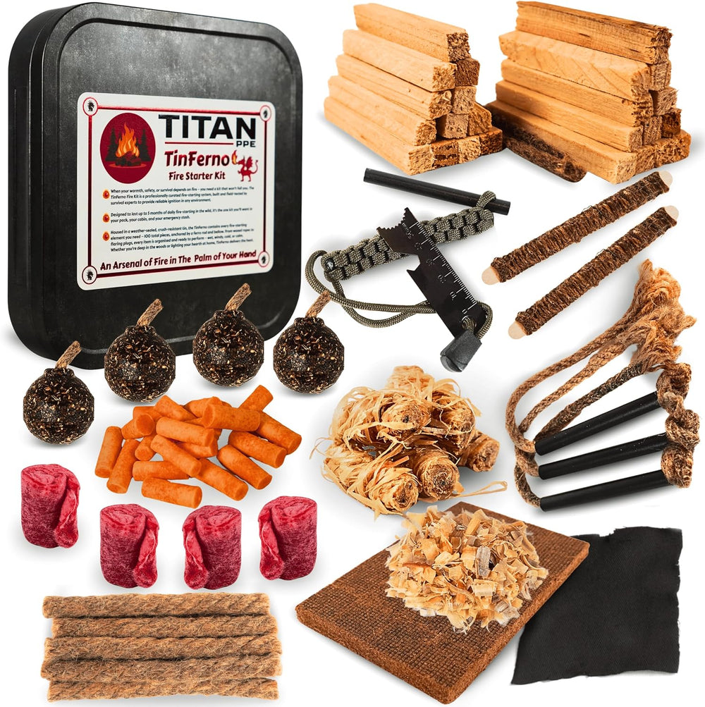 TinFerno Fire Starting Kit – 100pc Fire Starter for Campfires, Ferro Rod, Mag...