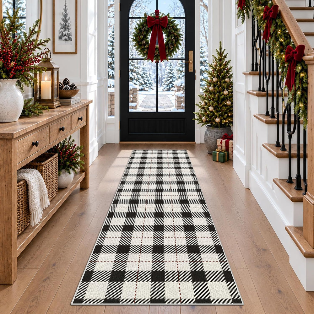 JTJ Easy Jute 2x6 Kitchen Runner Rug, Black and White Plaid, Washable