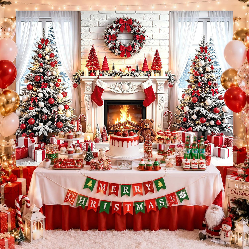 Red Christmas Fireplace Backdrop 8x6Ft