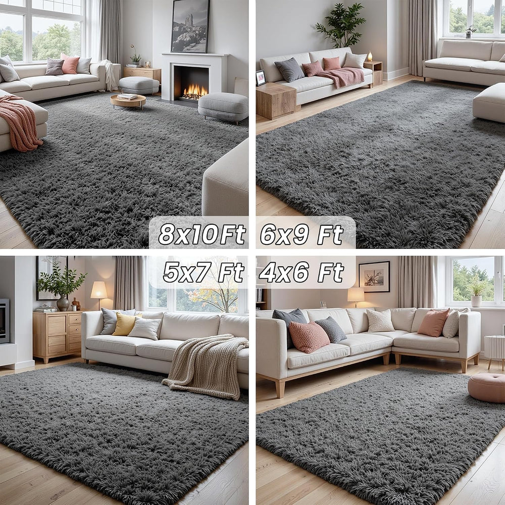 8x10 Fluffy Shag Area Rugs for Living Room Bedroom: Soft Plush Carpet Grey