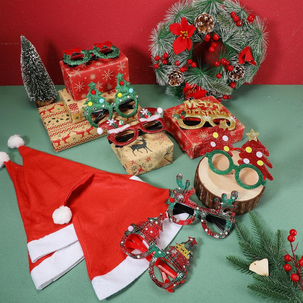 Hiboom 100 Piece Bulk Santa Hat Glasses Costume Set