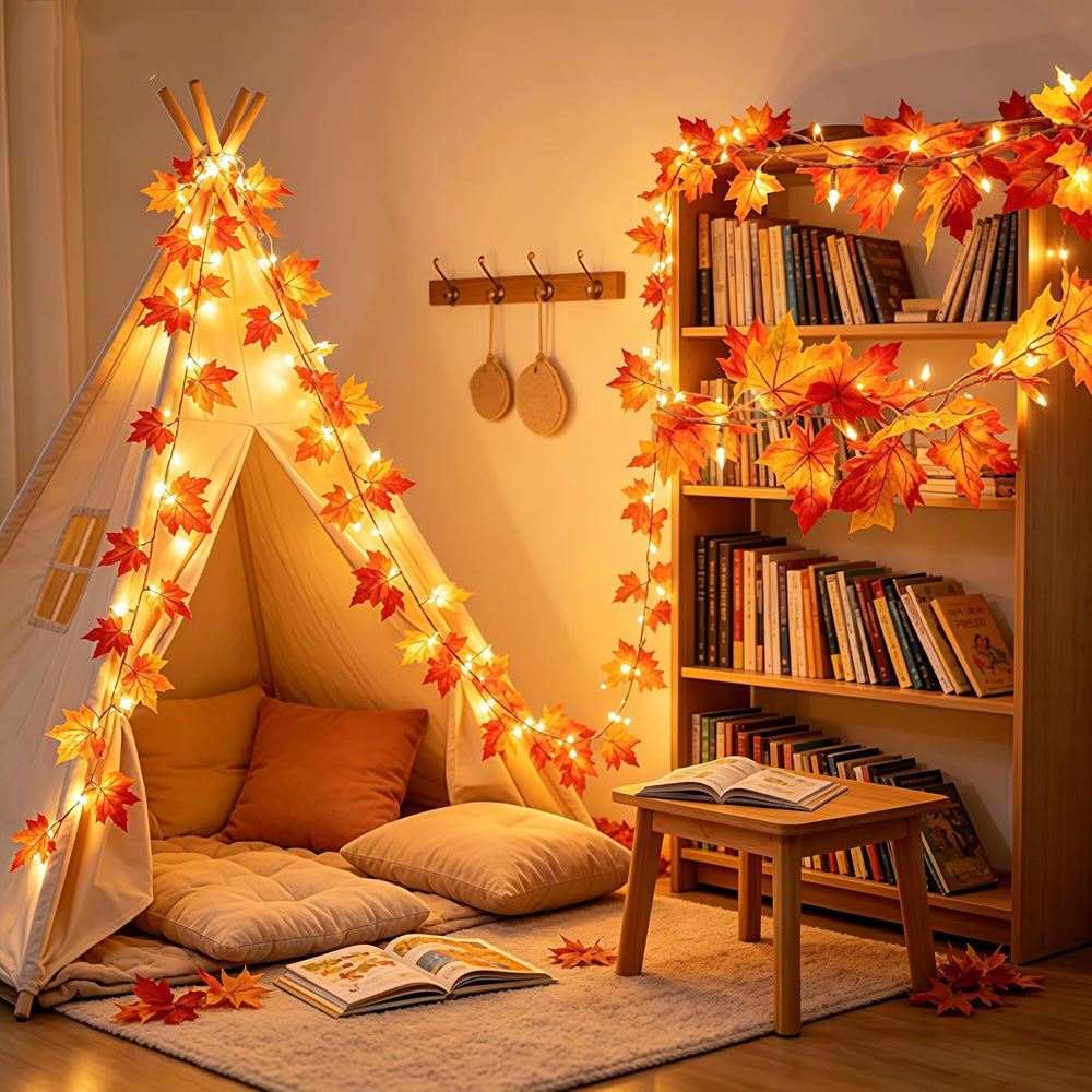 2Pack Fall Decor 9.1ft Plug in Fall Garland with Lights 50 Orange Bulb Connec...