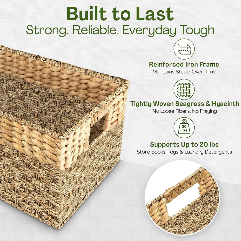 Large Wicker Storage Basket with Handles, Seagrass Hyacinth, 17x11 x7.5 in