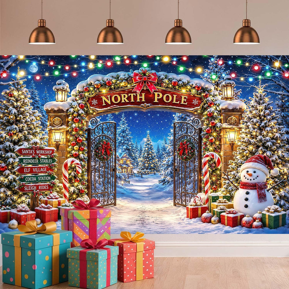 10X8FT Christmas North Pole Backdrop, Winter Snowman Xmas Scene Decor