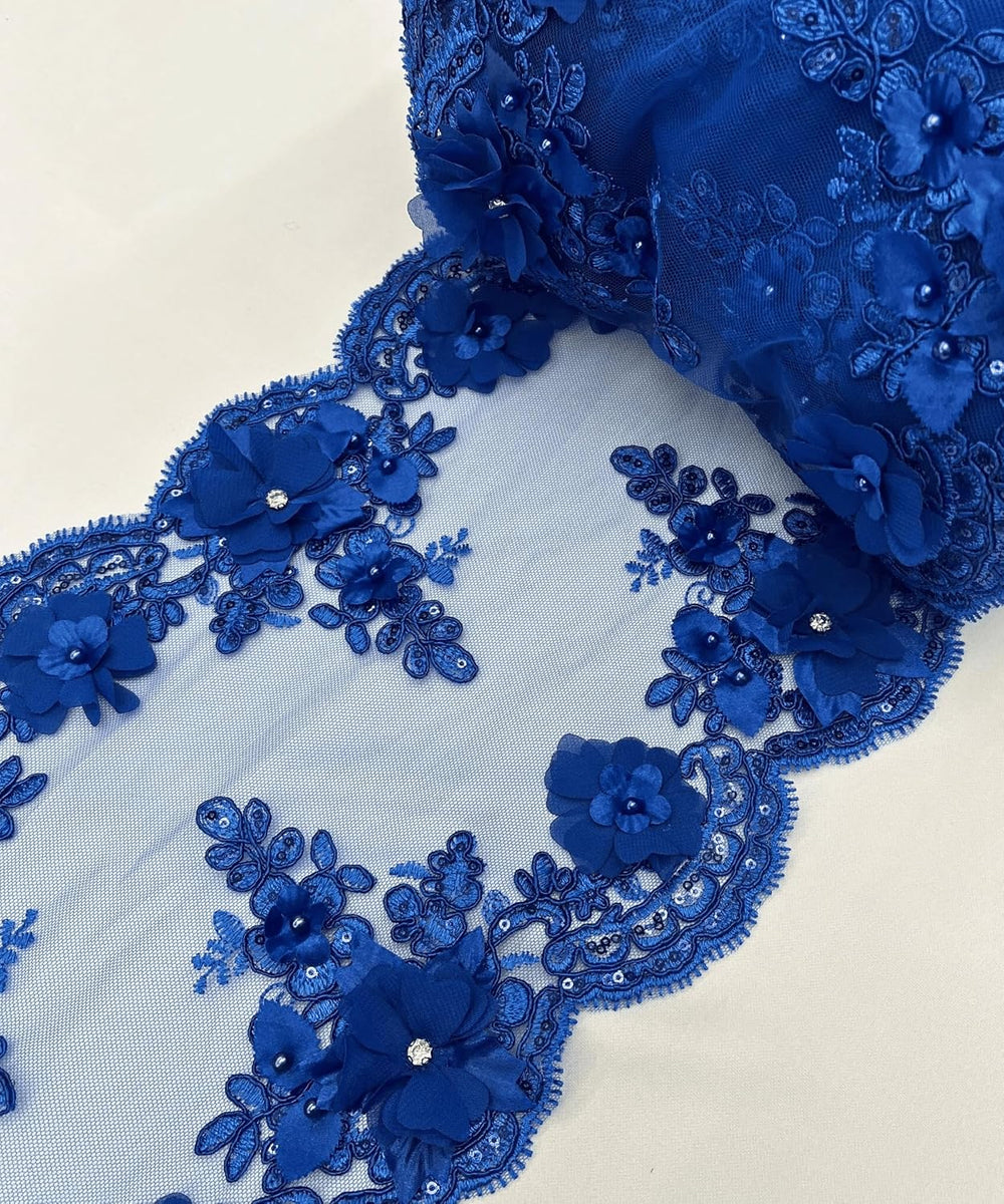 2 Yards (Royal Blue) 22" Wide 3D Embroidered Table Runner on Mesh Fabric...