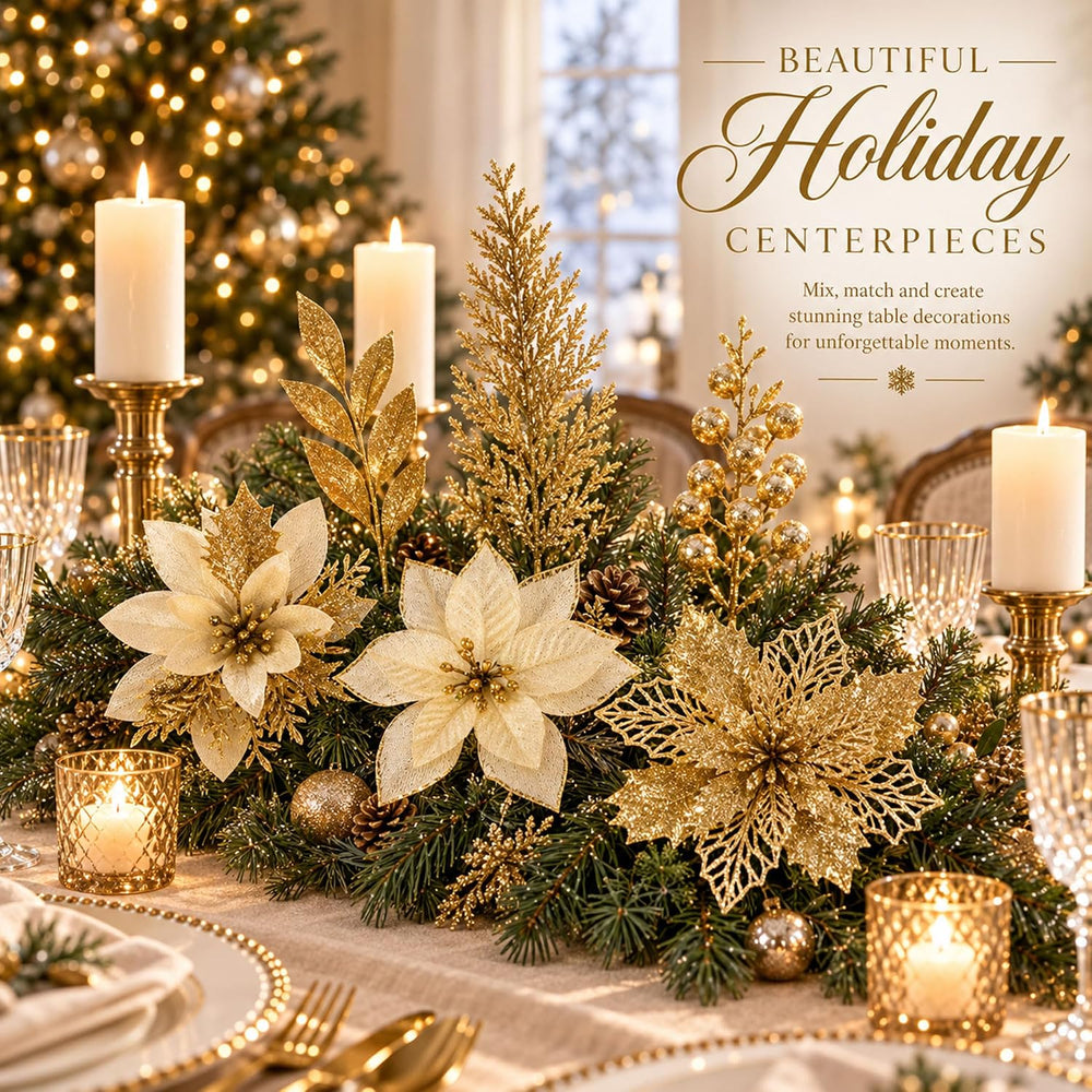 60Pcs Artificial Poinsettia Christmas Flowers Berries Xmas Decor Gold