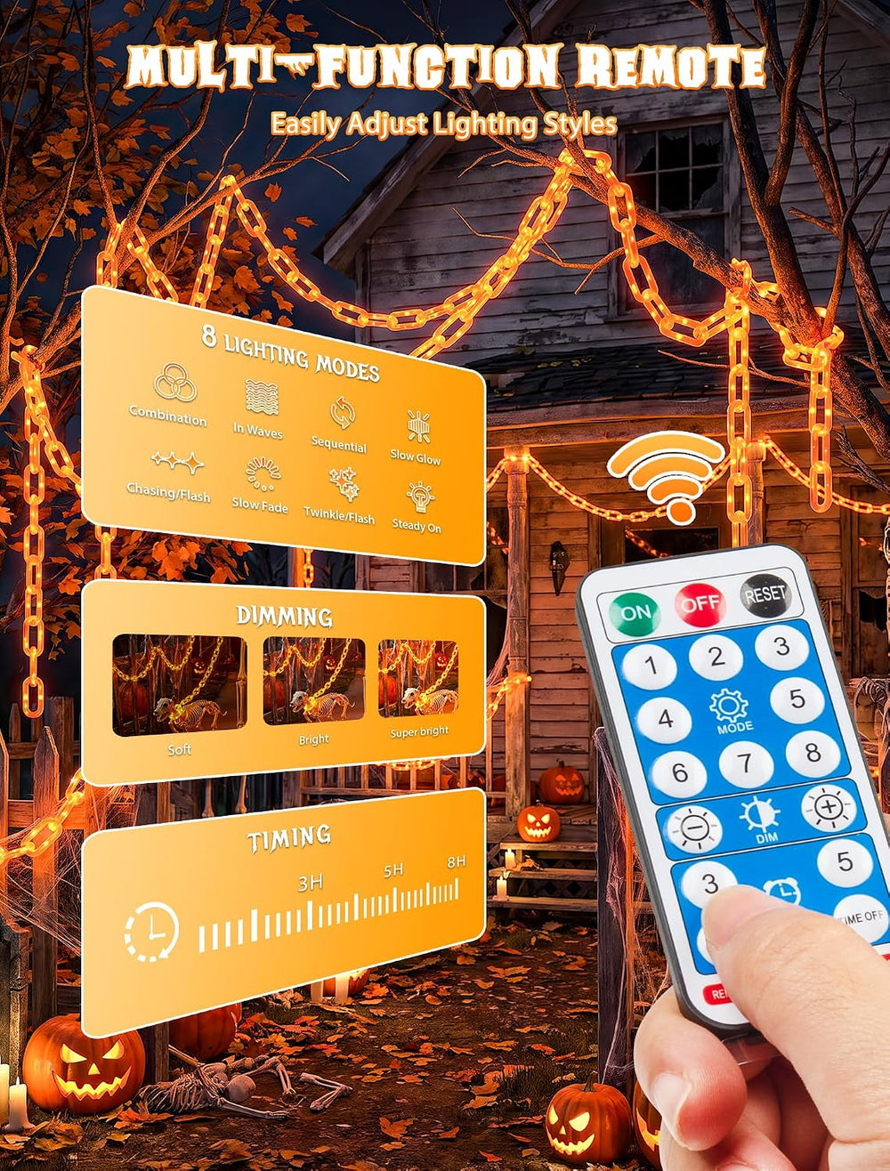 Solar Halloween Chain Lights, 10.4 FT 175 LED Orange Plastic Chain