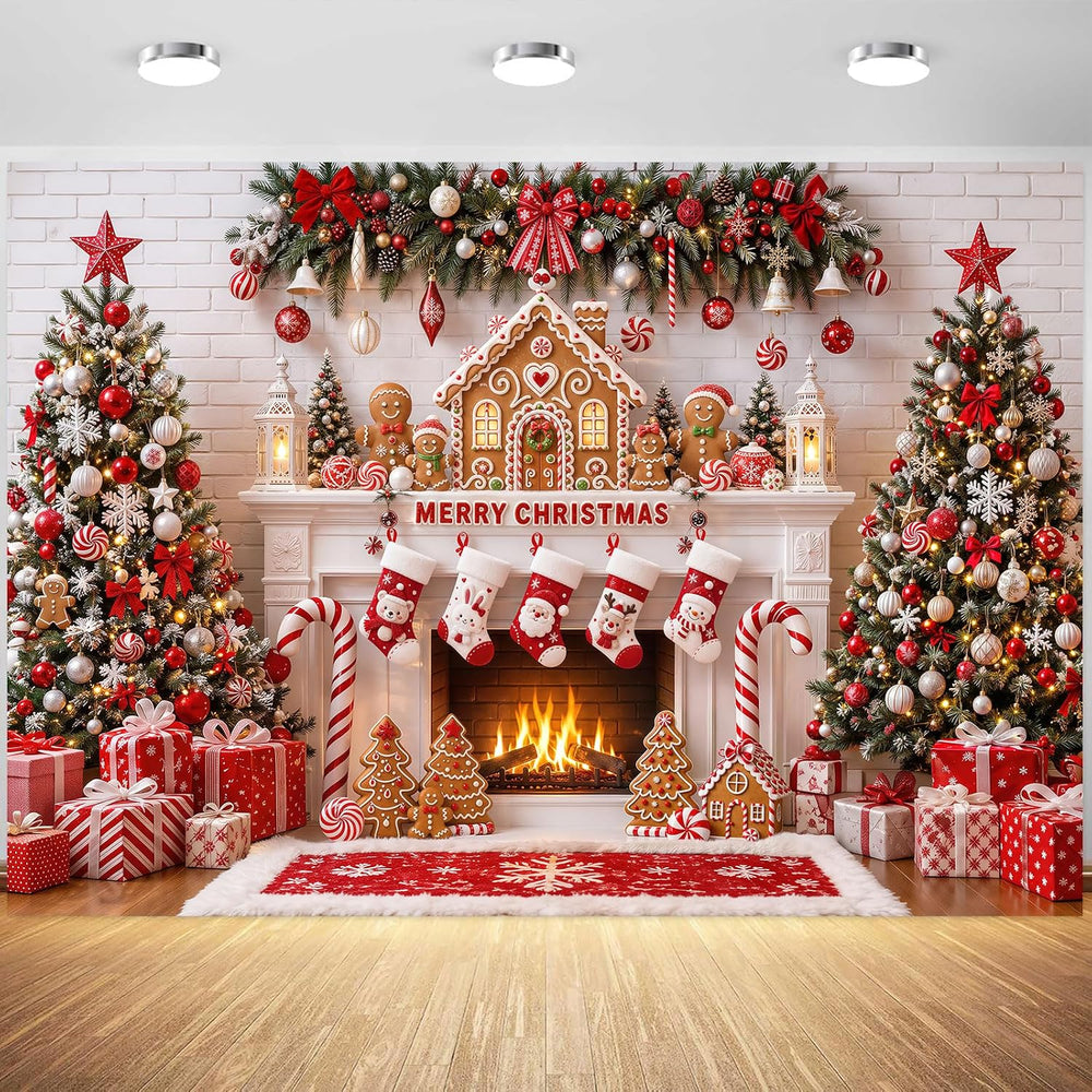 Merry Christmas Fireplace Photo Backdrop Gingerbread Man Banner 10x8 ft