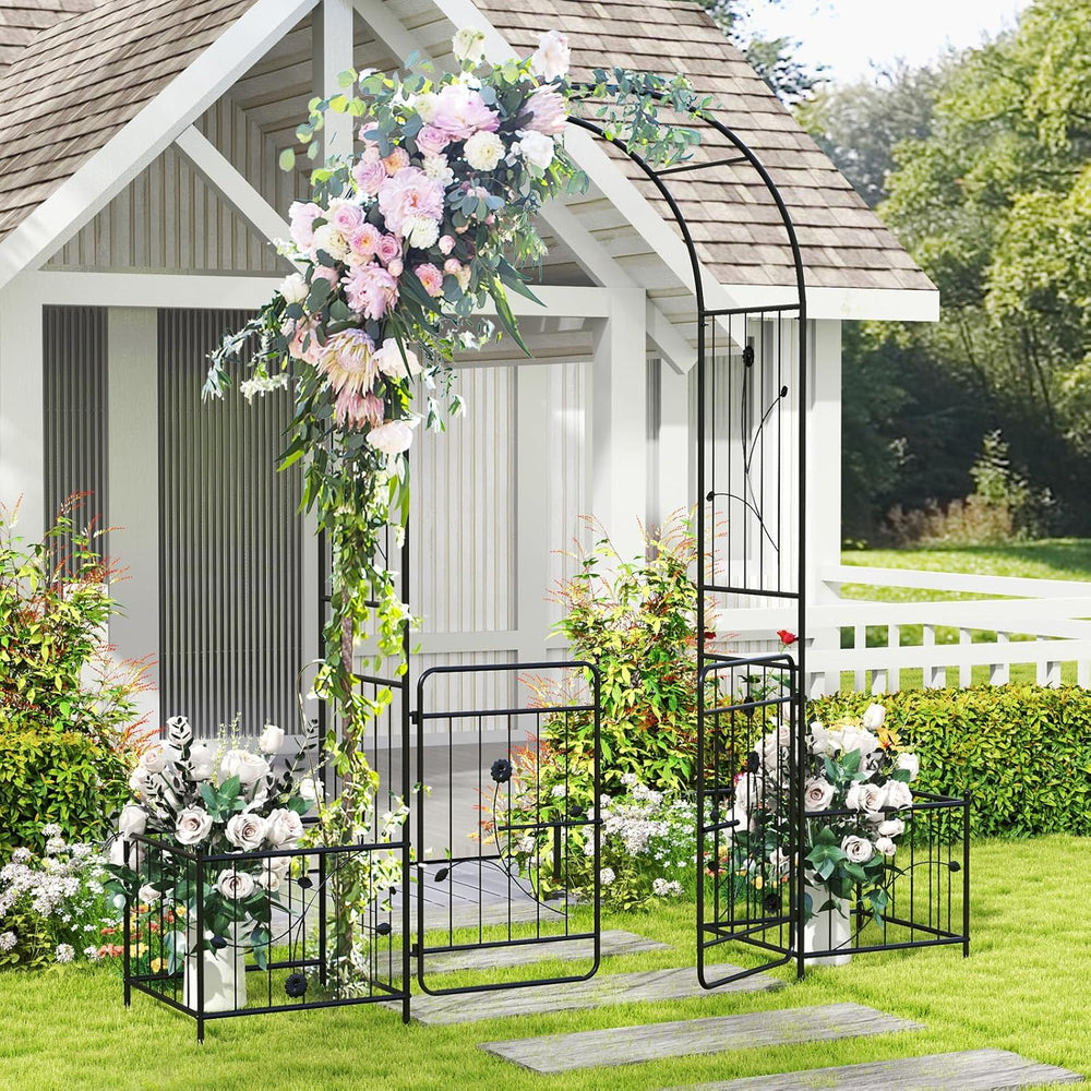 COSTWAY 86" 3-in-1 Garden Arch with Lockable Gate & 2 Side Planters,...