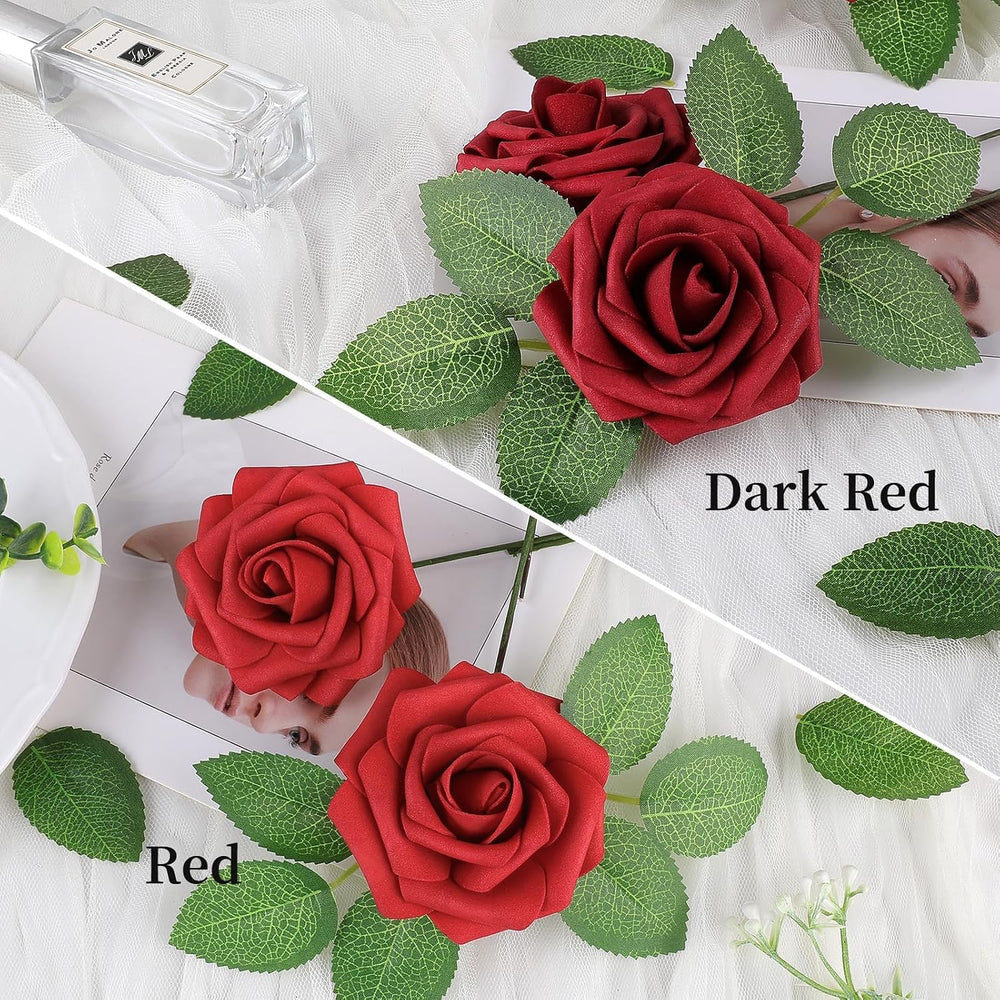 AmyHomie Dark Red Rose 100pcs Real Looking Artificial Flowers w/Stem