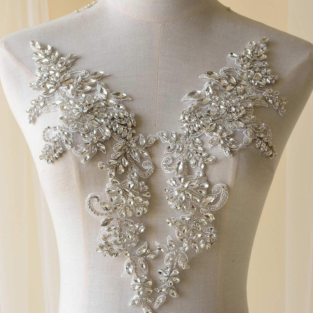 Sparkling Rhinestone Applique Heavy Beads Motif Diamante Crystal Lace Patch C...