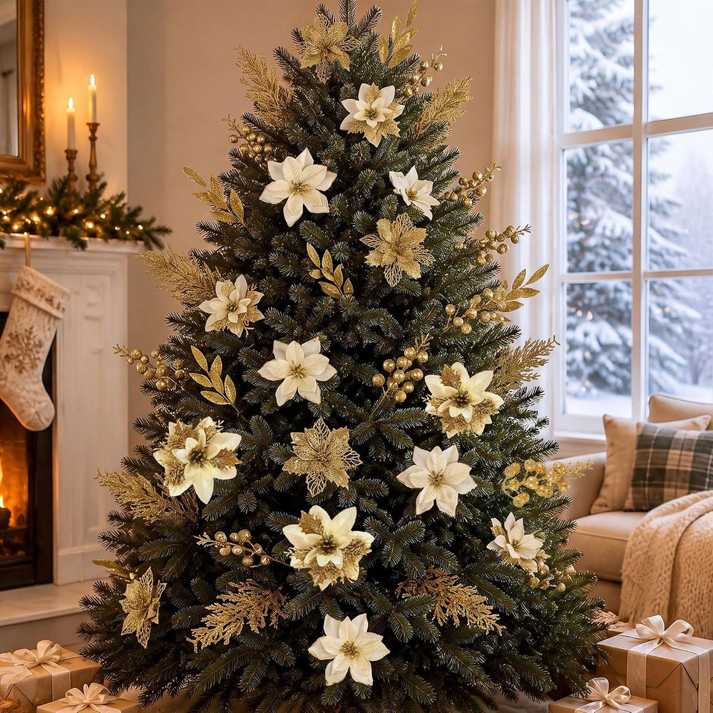 60Pcs Artificial Poinsettia Christmas Flowers Berries Xmas Decor Gold