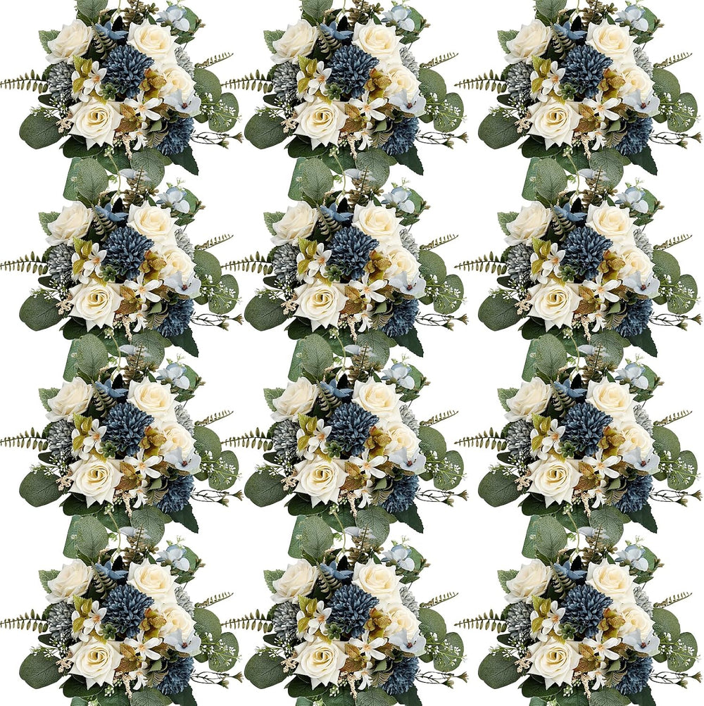 Blue White Peonies Artificial Flowers 12 Bundles Silk Mum Roses