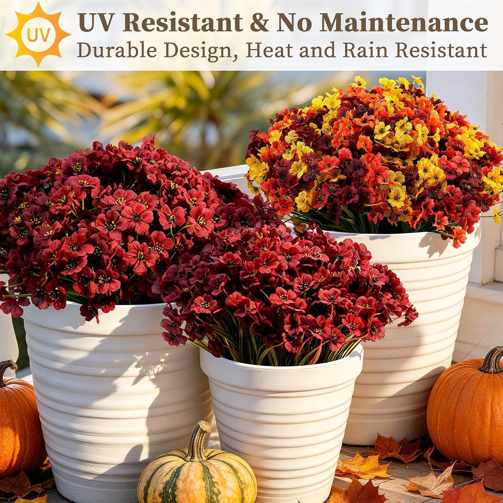 24PCS Burgundy Artificial Flowers for Outdoors Faux Mums Plant