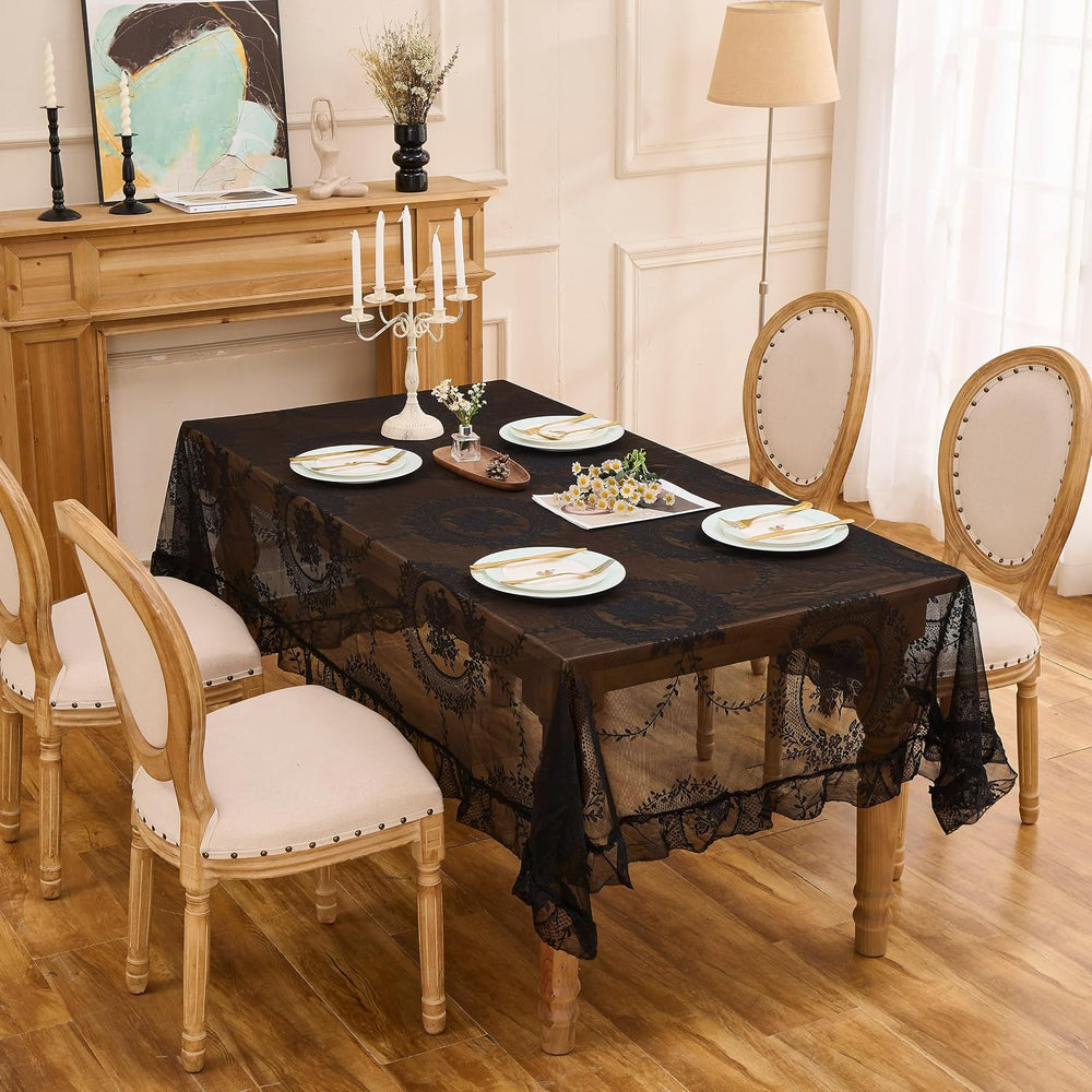 Black Lace Tablecloth Vintage Table Cloth(Black,95”x55”,Rectangular)