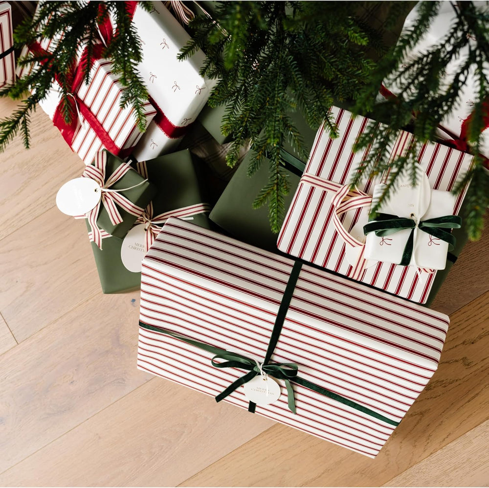 Merry Market Satin Christmas Wrapping Paper (Bows, Stripes, Solid Green)