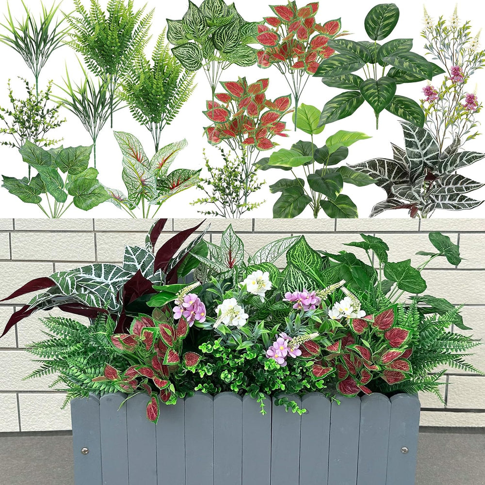 20Pcs Artificial Plants Outdoor Fake Greenery & Flowers Faux Plastic Bush...