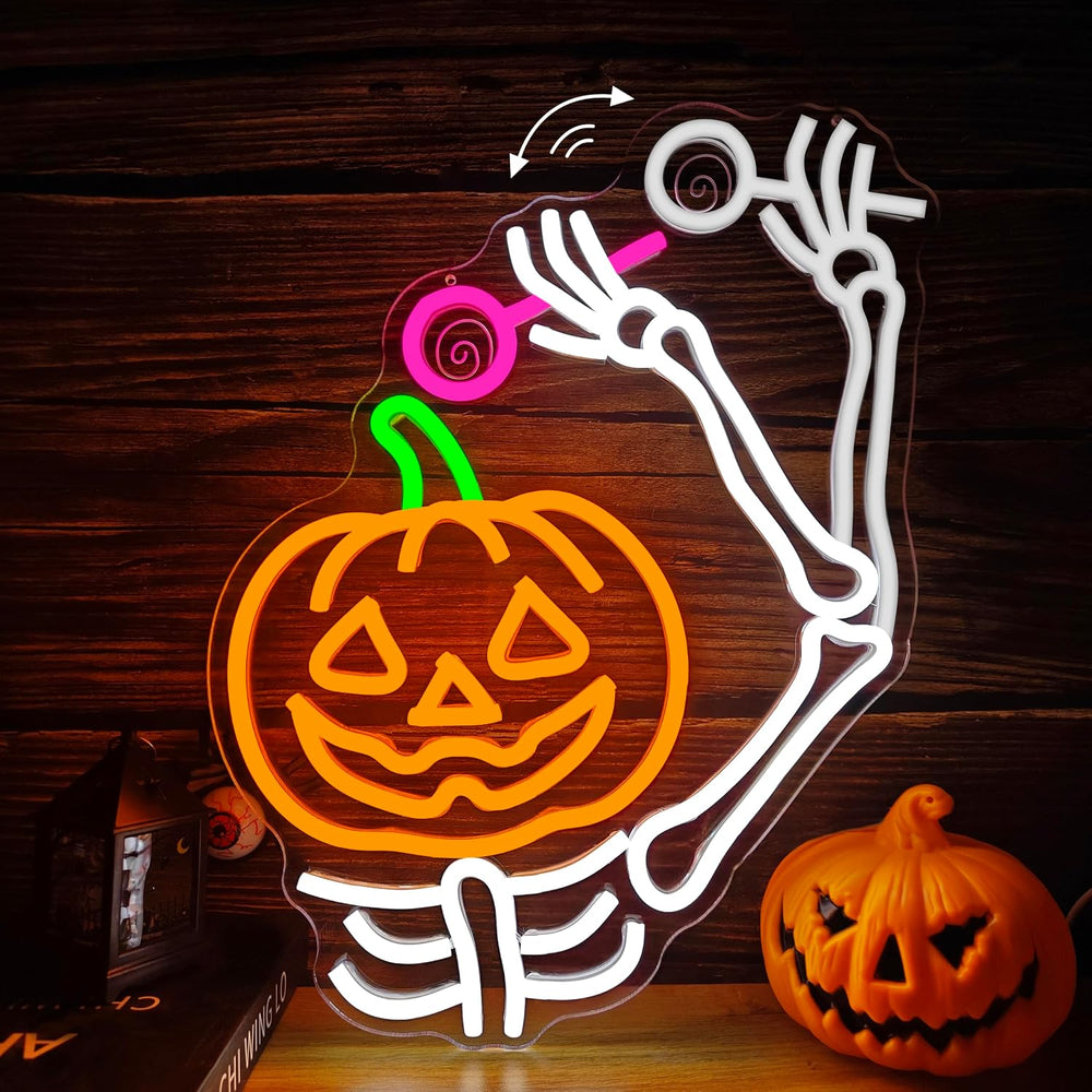 Waving Pumpkin Skull Halloween Neon Sign Skeleton LED Pumpkin with Lollipop