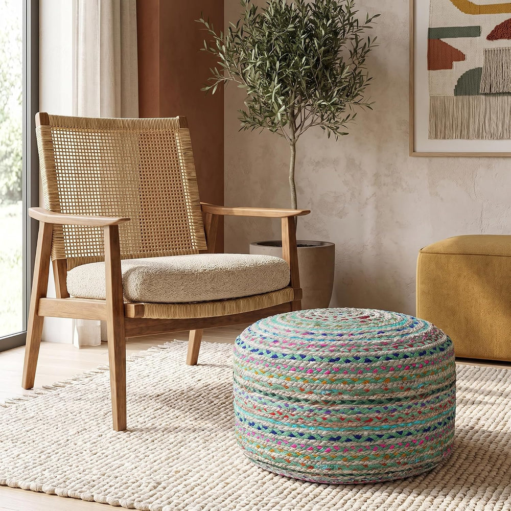 SIMPLIHOME Margo 20" Wide Round Pouf in Multi-Green Jute and Cotton
