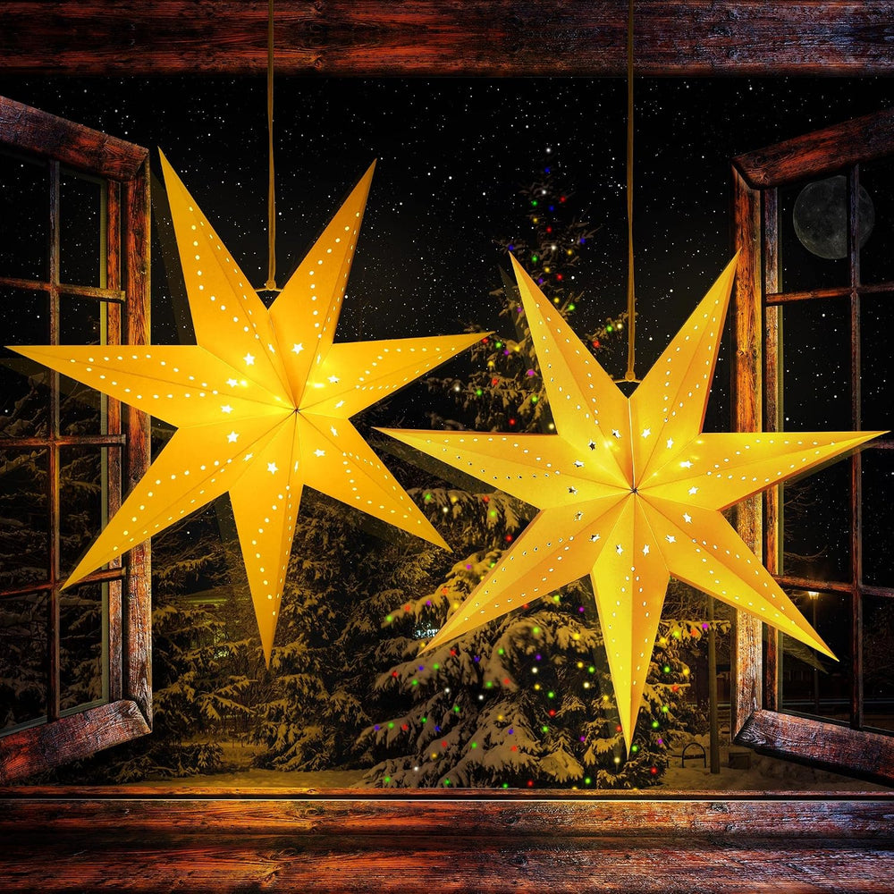 Hiboom 2 Pack Paper Star Lantern 24 Inch, 8 Mode 50 LEDs Firework Fairy Strin...
